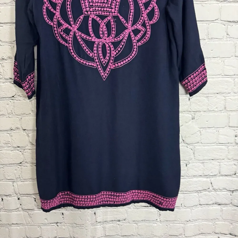 Gretchen Scott Designs Embroidered Split Neck Tunic Dress Womens S in Navy Pink